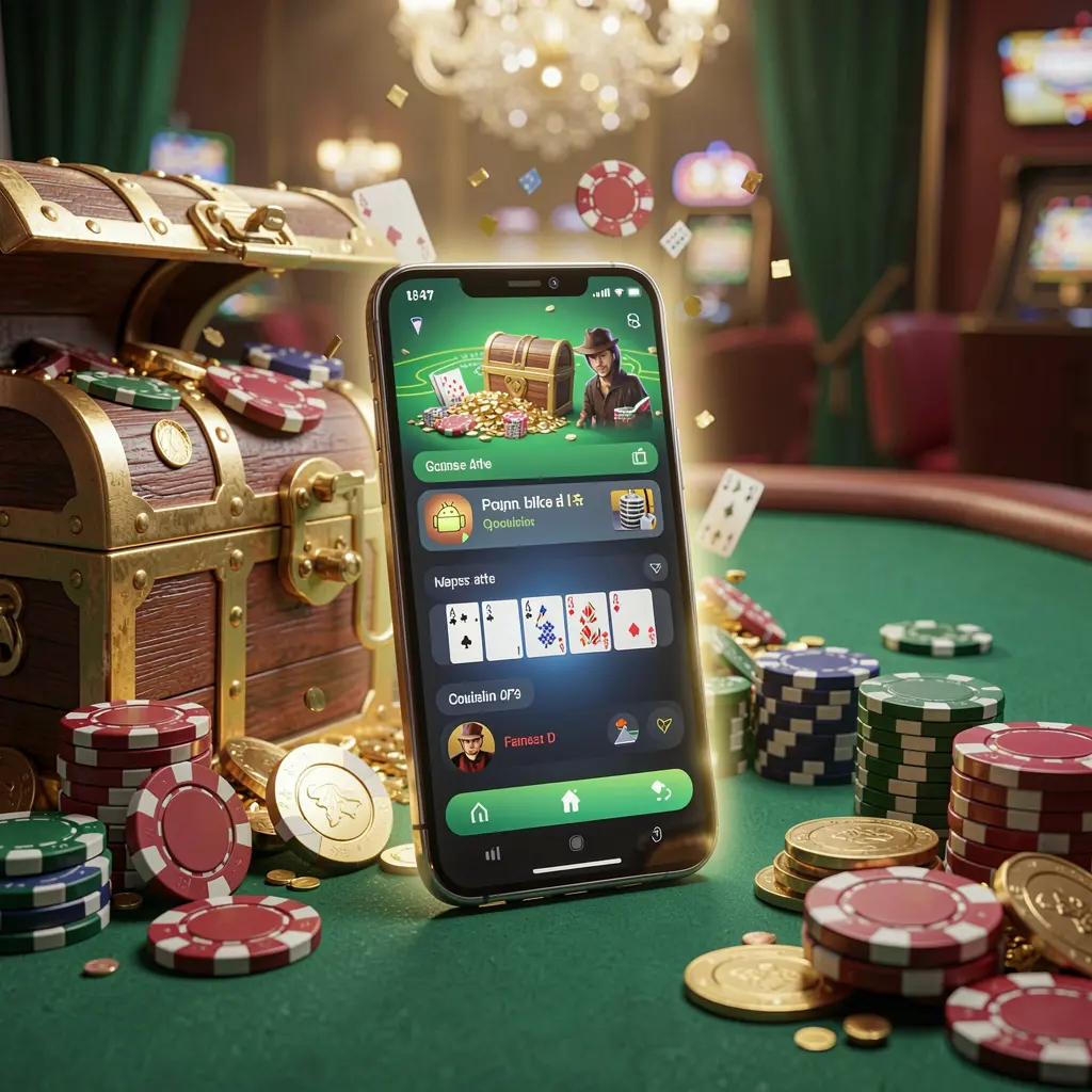 Ponsel pintar bercahaya menampilkan APK Kasino WK8888 dengan tata letak aplikasi seluler bergaya Android, dikelilingi peti harta karun, chip, dan koin dalam render 3D mewah