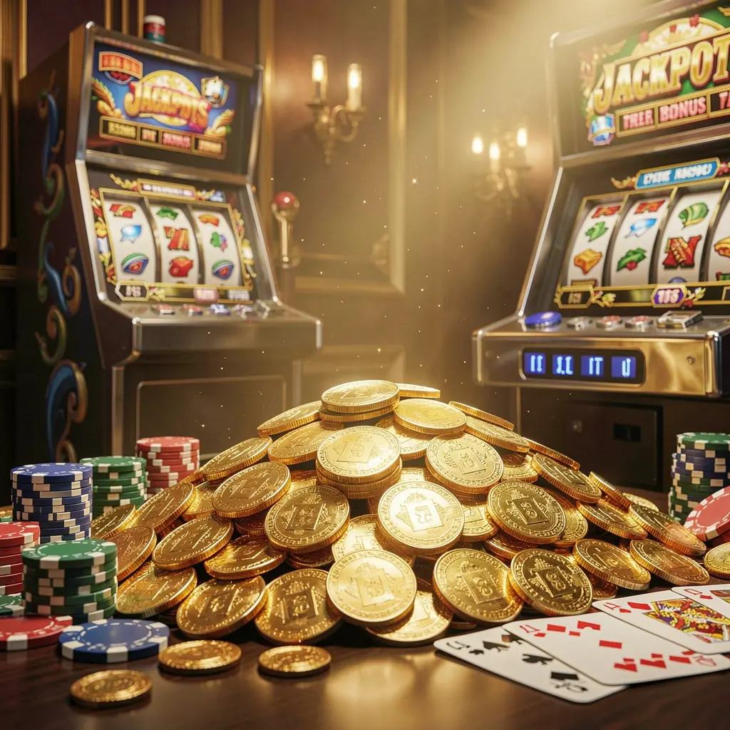 Adegan bonus jackpot WK8888 menampilkan tumpukan besar koin emas, mesin slot di latar belakang, chip poker, dan kartu remi dengan pencahayaan mewah sinematik