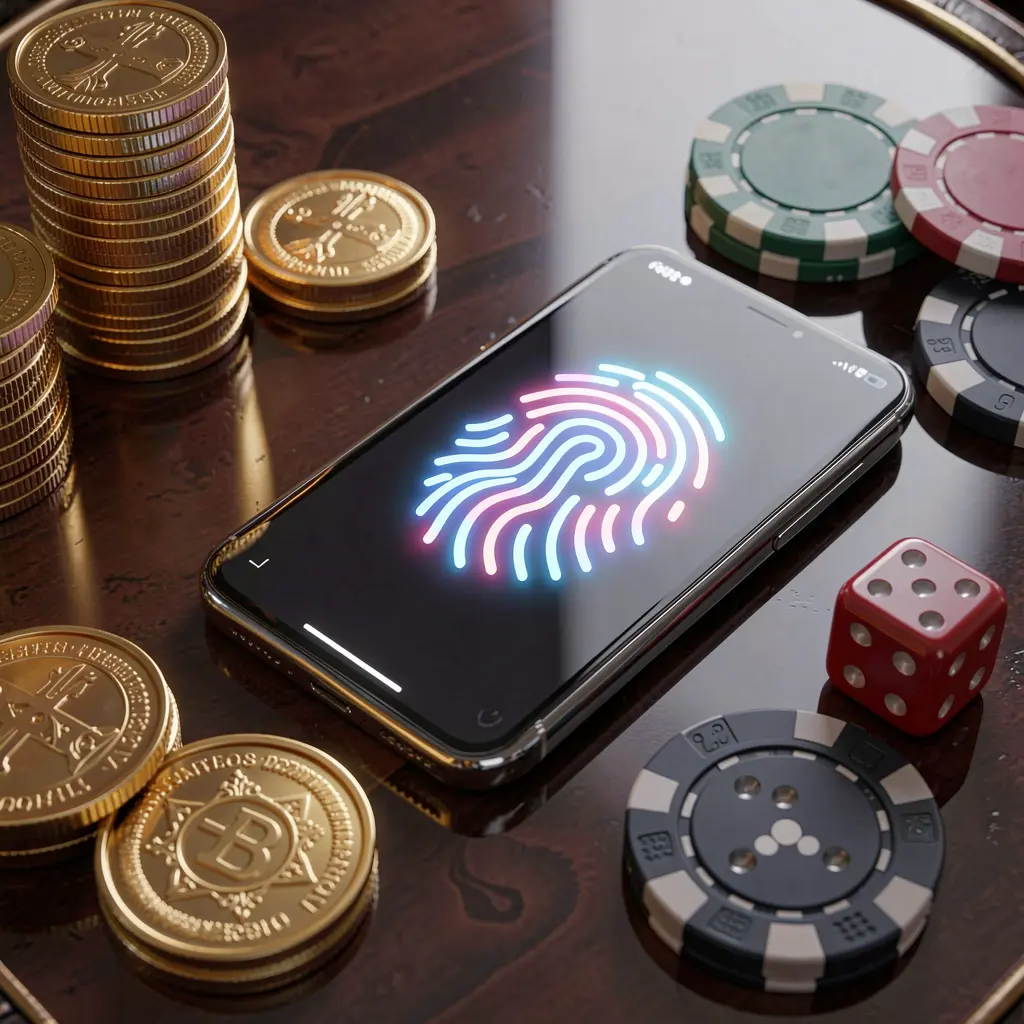 Adegan akses akun permainan daring WK8888 menampilkan ponsel pintar dengan ikon sidik jari bercahaya, koin emas, dadu, dan chip poker di atas meja mengilap dengan pencahayaan sinematik