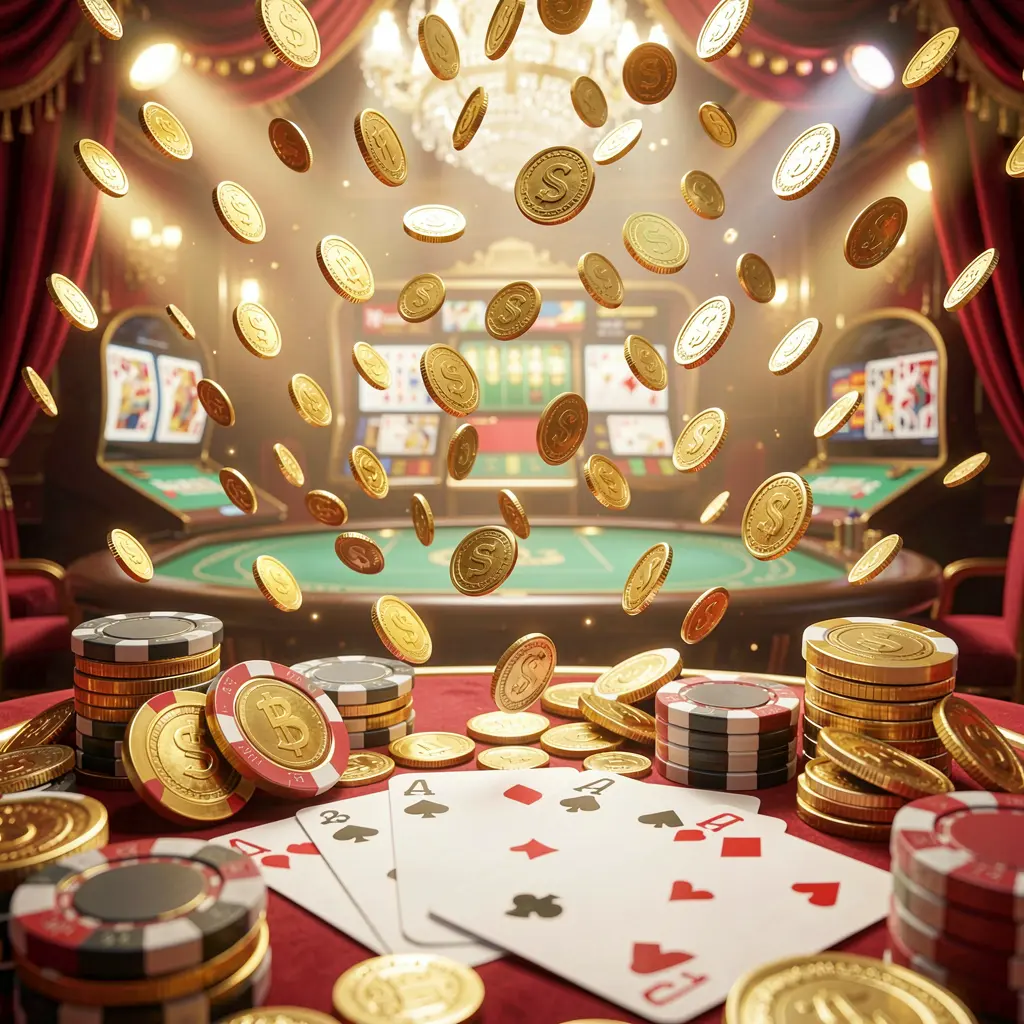Banner beranda platform permainan daring WK8888 menampilkan lampu kasino yang terang, koin emas berjatuhan, chip poker dan kartu remi di latar depan dengan suasana mewah merah dan emas dalam render 3D detail tinggi