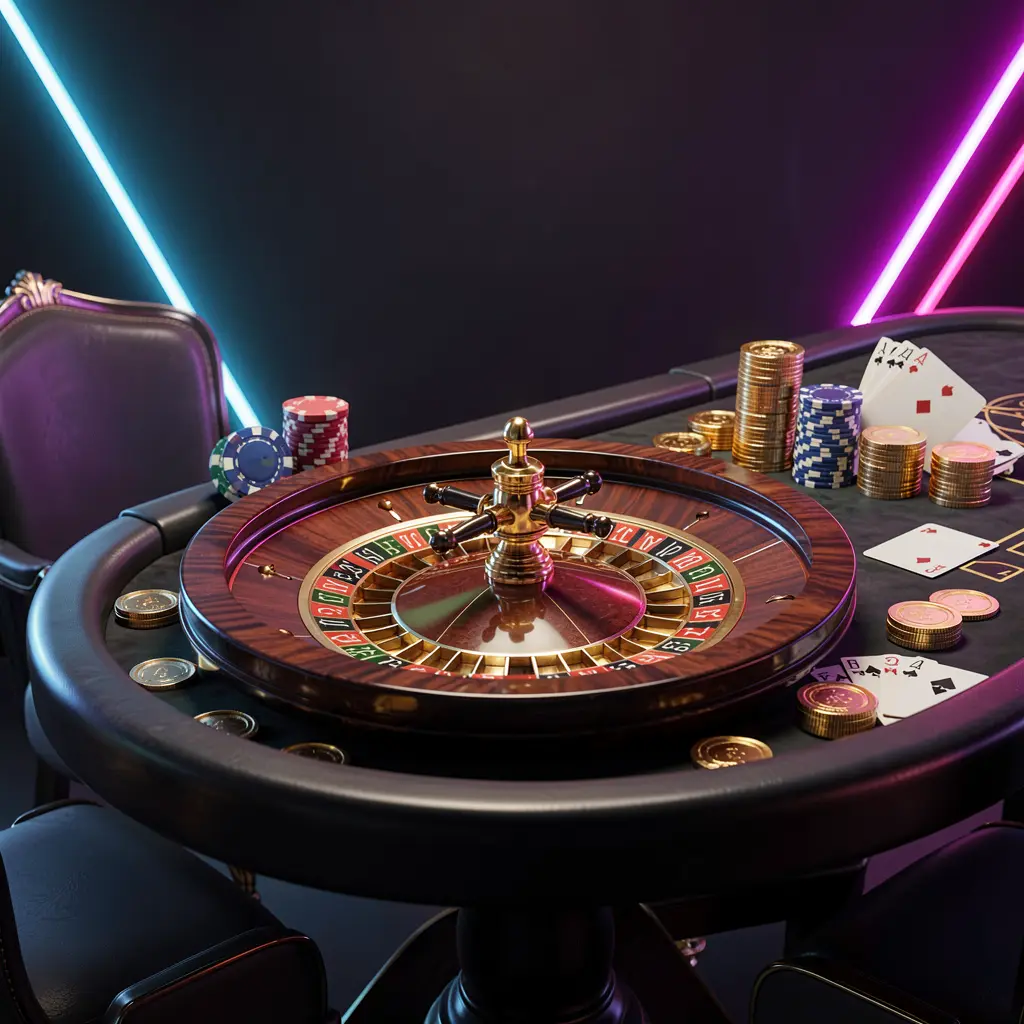Banner utama beranda kasino daring WK8888 menampilkan meja kasino mewah dengan roda roulette, chip poker, kartu remi, dan koin emas dengan latar belakang premium gelap bercahaya neon dalam render 3D sinematik